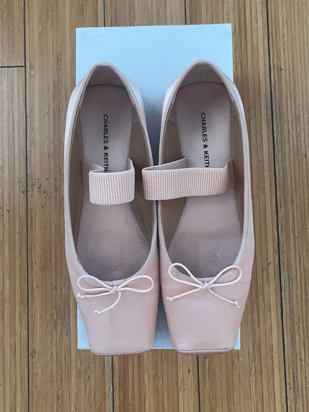 Charles & Keith Satin Square-Toe Mary Jane Ballet Flats - Nude Pink - US6